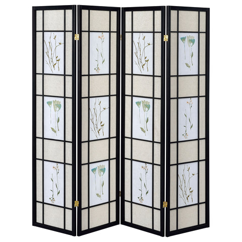 Erigeron 4-Panel Room Divider Folding Shoji Screen FloralBlack