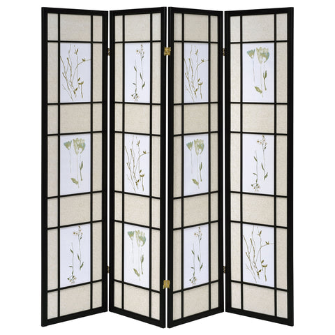 Erigeron 4-Panel Room Divider Folding Shoji Screen FloralBlack