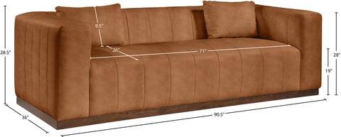 Iris 90.5" Cognac Vegan Leather Upholstered Sofa, 1 Piece