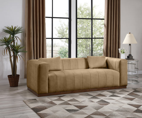 Iris 90.5" Tan Vegan Leather Upholstered Sofa, 1 Piece