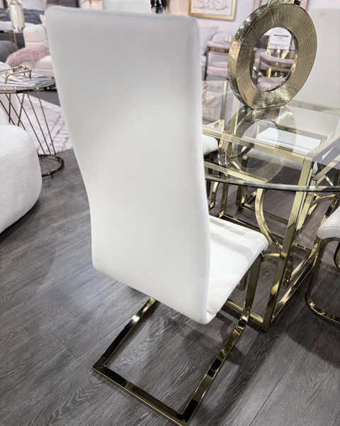 48" Round Glass Dining Set with White Chairs & Gold Base