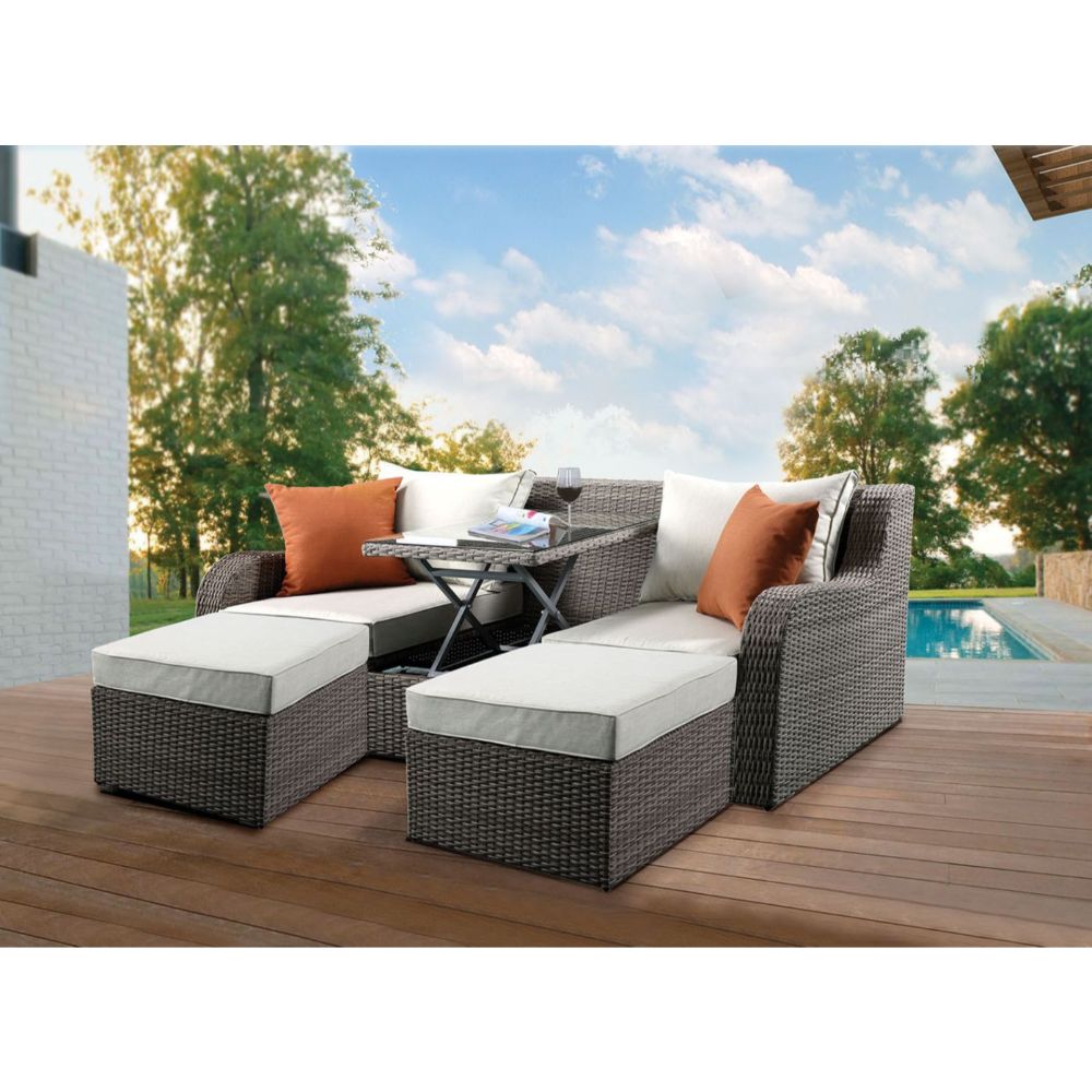 callers patio sofa w/2 pillows & 2 ottomans, beige fabric & gray wicker