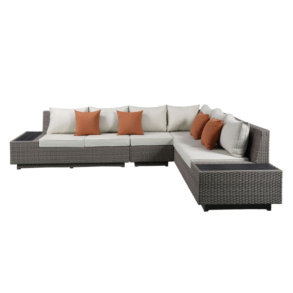 callers patio sectional sofa w/4 pillows & coffee table, beige fabric & gray wicker