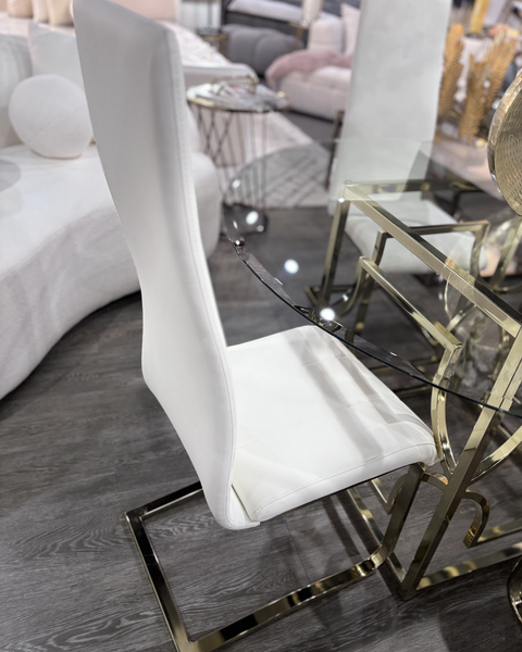 48" Round Glass Dining Set with White Chairs & Gold Base