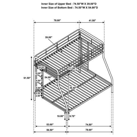 Valle Twin-Over-Full Steel Bunk Bed with Dual Ladders Glossy Black