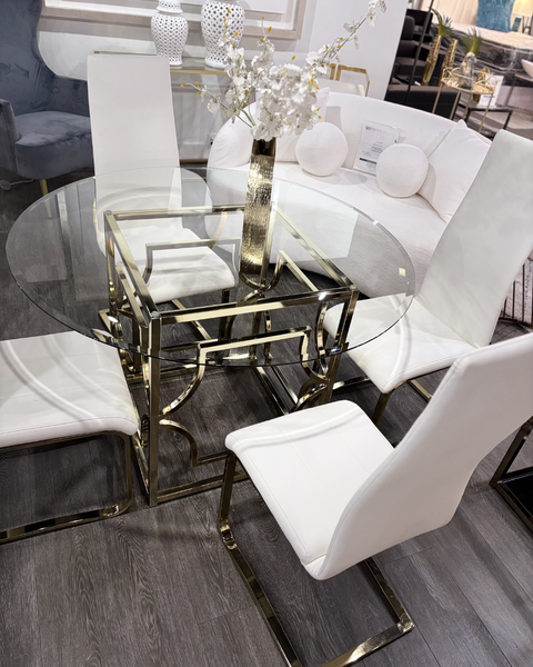 48" Round Glass Dining Set with White Chairs & Gold Base