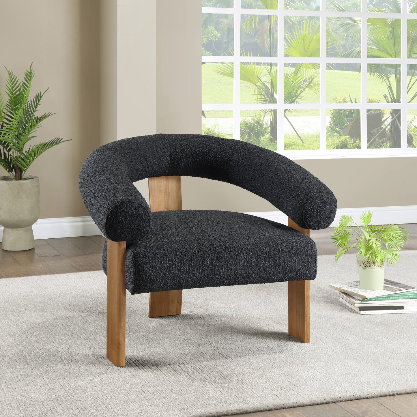 barrel black boucle fabric accent chair