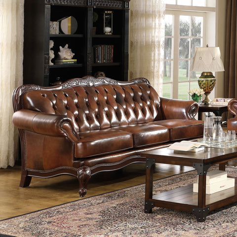 Carnell Full Leather Upholstered Rolled Arm Sofa BrownBrown
