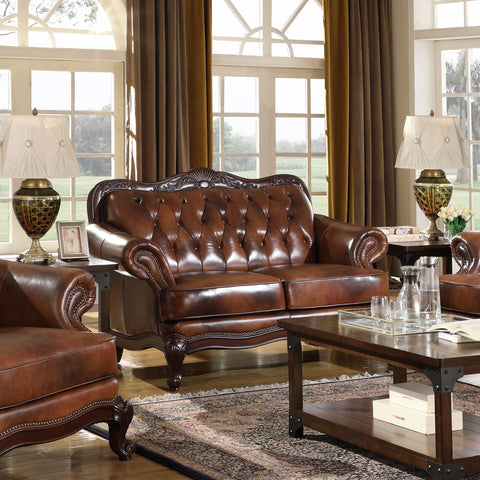 Carnell Full Leather Upholstered Rolled Arm Loveseat BrownBrown
