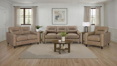 Amara Faux Leather Upholstered Track Arm Loveseat Brown