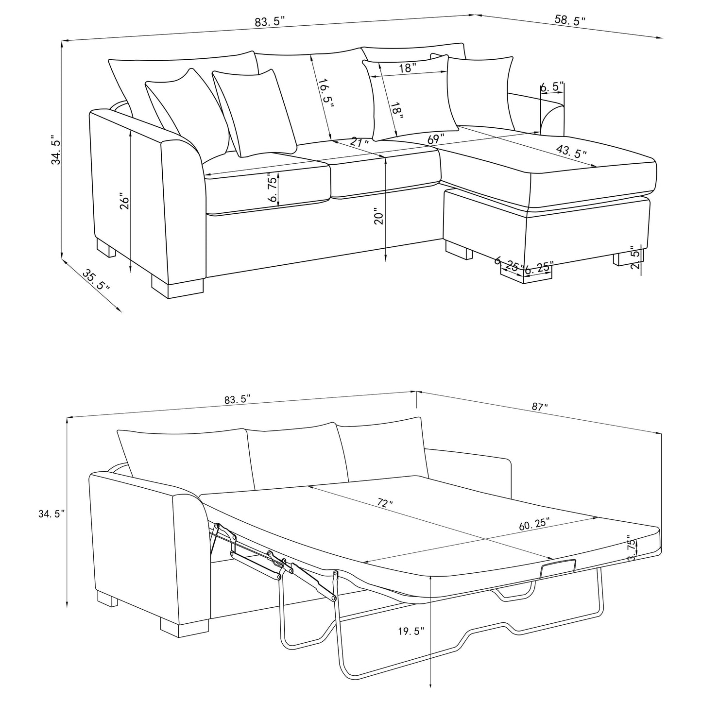 deanna upholstered sleeper sectional chaise sofa dark grey