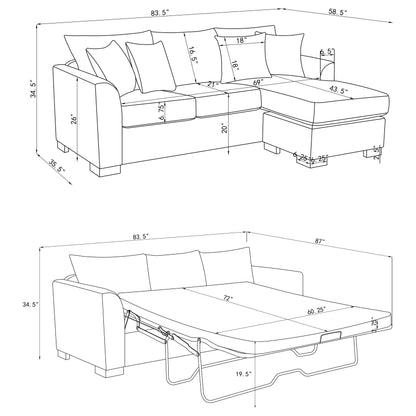 Deanna Upholstered Sleeper Sectional Chaise Sofa Grey