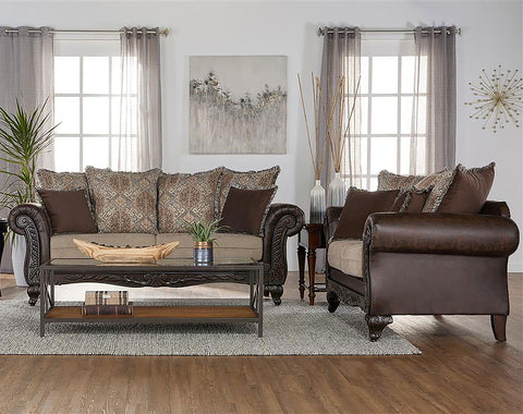 Elle 2-piece Upholstered Rolled Arm Sofa Set BrownBrown
