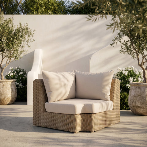 Giselle Beige Olefin Water Resistant Fabric And Wicker Outdoor Patio Corner Chair, 1 Piece