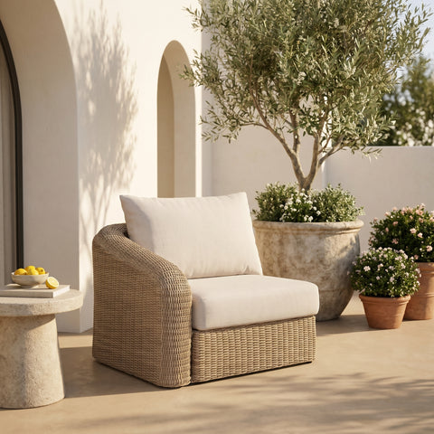 Giselle Beige Olefin Water Resistant Fabric And Wicker Outdoor Patio Left Arm Chair, 1 Piece