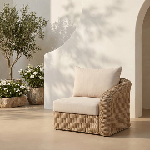 Giselle Beige Olefin Water Resistant Fabric And Wicker Outdoor Patio Right Arm Chair, 1 Piece