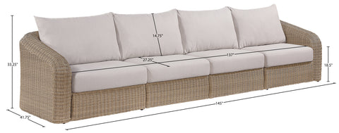Giselle 155.25" Beige Olefin Water Resistant Fabric And Wicker Outdoor Patio Sofa, 4-Piece