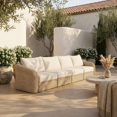 Giselle 155.25" Beige Olefin Water Resistant Fabric And Wicker Outdoor Patio Sofa, 4-Piece
