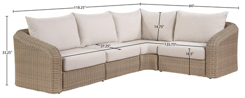 Giselle 123.25" Beige Olefin Water Resistant Fabric And Wicker Outdoor Patio Sectional, 4-Piece