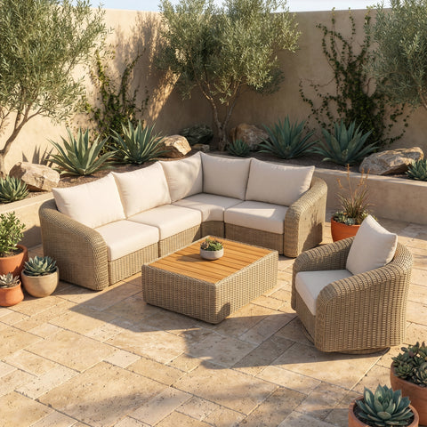 Giselle 123.25" Beige Olefin Water Resistant Fabric And Wicker Outdoor Patio Sectional, 4-Piece