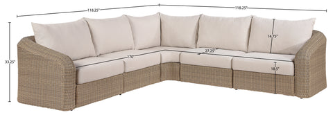Giselle 123.25" Beige Olefin Water Resistant Fabric And Wicker Outdoor Patio Sectional, 5-Piece