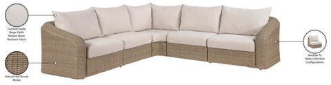Giselle 123.25" Beige Olefin Water Resistant Fabric And Wicker Outdoor Patio Sectional, 5-Piece