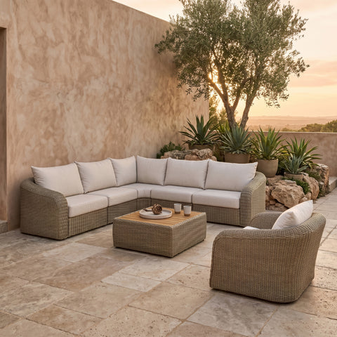 Giselle 123.25" Beige Olefin Water Resistant Fabric And Wicker Outdoor Patio Sectional, 5-Piece