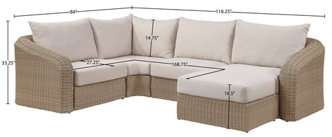 Giselle 123.25" Beige Olefin Water Resistant Fabric And Wicker Outdoor Patio Sectional, 5-Piece (Style 2)