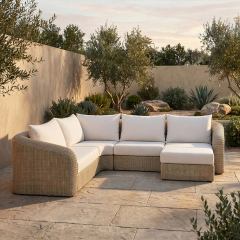 Giselle 123.25" Beige Olefin Water Resistant Fabric And Wicker Outdoor Patio Sectional, 5-Piece (Style 2)