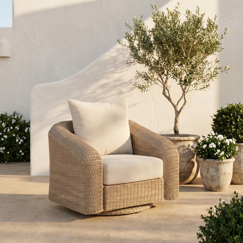 Giselle Beige Olefin Water Resistant Fabric And Wicker Outdoor Patio Swivel Chair, 1 Piece