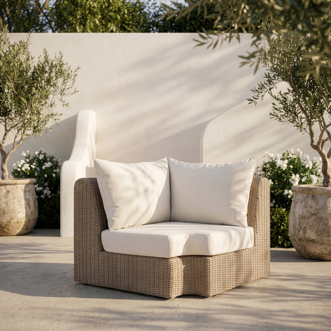 Giselle Cream Olefin Water Resistant Fabric And Wicker Outdoor Patio Corner Chair, 1 Piece