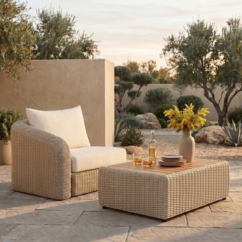 Giselle Cream Olefin Water Resistant Fabric And Wicker Outdoor Patio Left Arm Chair, 1 Piece