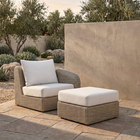 Giselle Cream Olefin Water Resistant Fabric And Wicker Outdoor Patio Ottoman/Coffee Table, 1 Piece