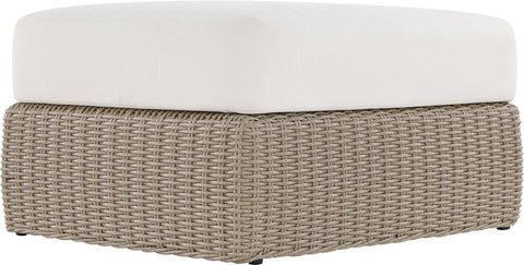 Giselle Cream Olefin Water Resistant Fabric And Wicker Outdoor Patio Ottoman/Coffee Table, 1 Piece