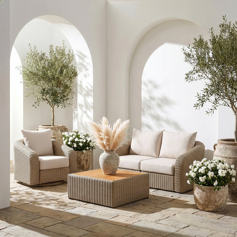 Giselle 85.25" Cream Olefin Water Resistant Fabric And Wicker Outdoor Patio Loveseat, 2-Piece