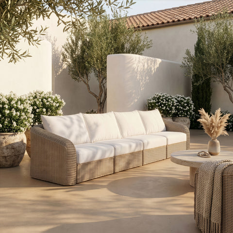 Giselle 155.25" Cream Olefin Water Resistant Fabric And Wicker Outdoor Patio Sofa, 4-Piece