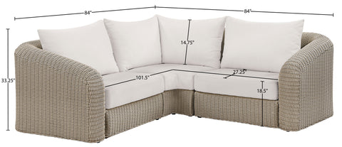 Giselle 88.25" Cream Olefin Water Resistant Fabric And Wicker Outdoor Patio Sectional, 3-Piece