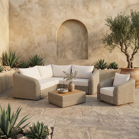Giselle 88.25" Cream Olefin Water Resistant Fabric And Wicker Outdoor Patio Sectional, 3-Piece