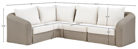 Giselle 88.25" Cream Olefin Water Resistant Fabric And Wicker Outdoor Patio Sectional, 4-Piece