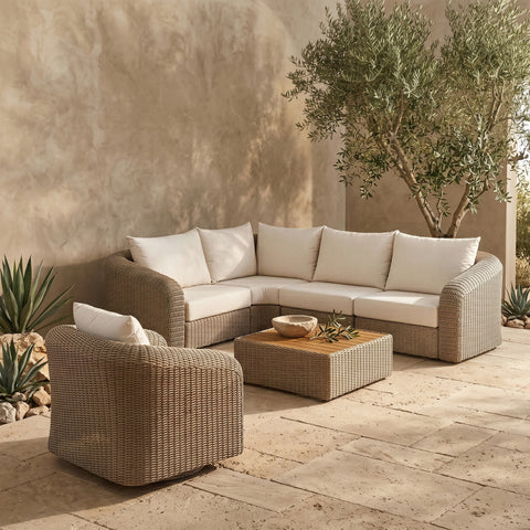 Giselle 88.25" Cream Olefin Water Resistant Fabric And Wicker Outdoor Patio Sectional, 4-Piece