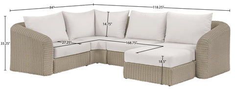 Giselle 123.25" Cream Olefin Water Resistant Fabric And Wicker Outdoor Patio Sectional, 5-Piece (Style 2)