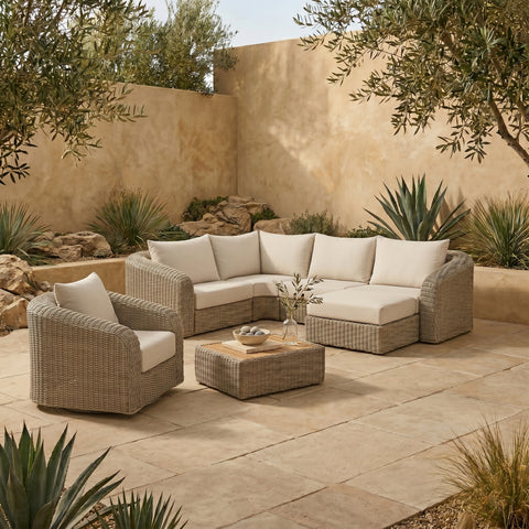 Giselle 123.25" Cream Olefin Water Resistant Fabric And Wicker Outdoor Patio Sectional, 5-Piece (Style 2)