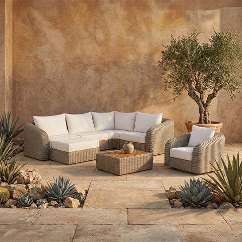 Giselle 123.25" Cream Olefin Water Resistant Fabric And Wicker Outdoor Patio Sectional, 5-Piece (Style 3)