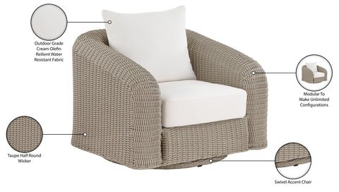 Giselle Cream Olefin Water Resistant Fabric And Wicker Outdoor Patio Swivel Chair, 1 Piece