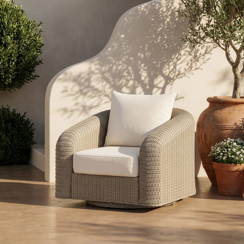 Giselle Cream Olefin Water Resistant Fabric And Wicker Outdoor Patio Swivel Chair, 1 Piece