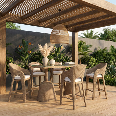 Giselle 60" Natural Tempered Glass Top And Wicker Outdoor Patio Bar Height Table, 1 Piece