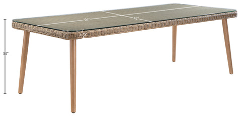 Giselle 96" Natural Tempered Glass Top And Wicker Outdoor Patio Dining Table, 1 Piece