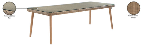 Giselle 96" Natural Tempered Glass Top And Wicker Outdoor Patio Dining Table, 1 Piece