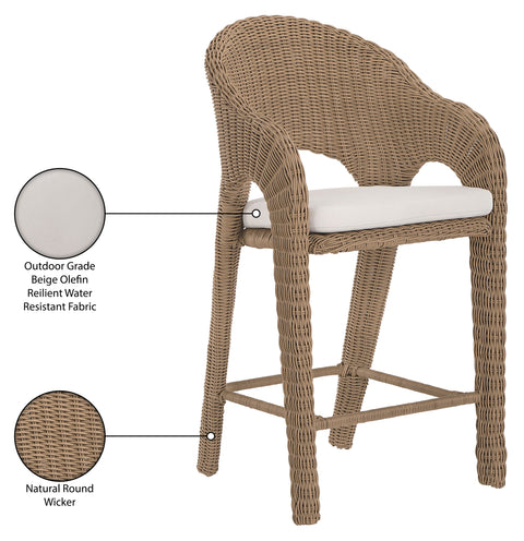 Giselle Natural Olefin Water Resistant Fabric And Wicker Outdoor Patio Bar Stool, 1 Piece
