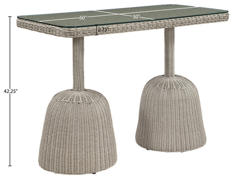 Giselle 60" Taupe Tempered Glass Top And Wicker Outdoor Patio Bar Height Table, 1 Piece